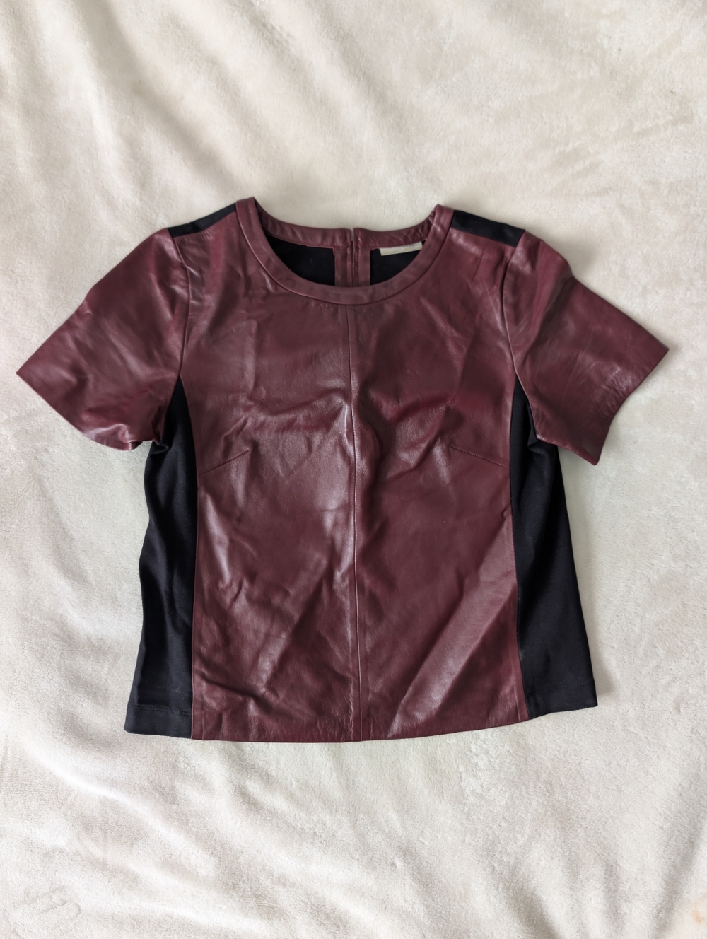 Halogen Burgundy Real Leather Short Sleeve Top with Black Panels